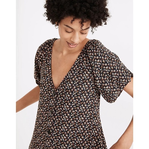 NWT Madewell Bubble-Sleeve Floral Midi Dress Button-Front Womens Black Size XXS - Picture 3 of 8
